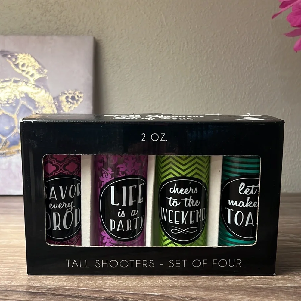 New in Box Novelty Tall Shooter Shot Glasses 2 oz Set of 4- Girl’s Night Out